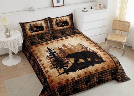 Castle Fairy Bear Print Comforter Set Queen Size,Wild Animal Hunt Pine Trees Retro Bedding Set for Women Adult,Rustic Grid Plaid Cabin Decor Luxury Bed Duvet Insert, 2 Pillowcases