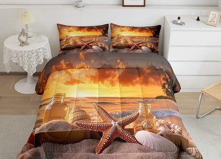 Starfish Comforter Set Boys Ocean Theme Bedding Twin Size, Shell Conch Beach Bedding Comforter Sets Seaside Hawaiian Vacation Style Duvet Insert 2 Pcs Soft Microfiber Quilt with 1 Pillowcase