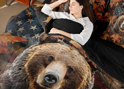 Feelyou Hunting Camo Bear Comforter Set Queen Size 7 Pieces Realistic Tree American Flag Bear Bedding Set Kids Adult Rustic Farmhouse Bed in a Bag with Comforter, Sheets, Pillowcases, Cushion Covers