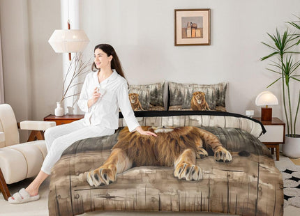 Erosebridal 3D Lion Bed in A Bag 7 Pcs Wildlife Hunting Theme Comforter Set for Kids Teens Forest Pine Tree Bedding Sets Queen Country Woodland Animal Sheet Set with Comforter