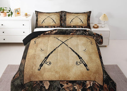 Erosebridal Rustic Fishing Toddler Comforter Set Gifts for Kids Boys Men Women,Retro Camo Fishing Rod Bedding Set Country Farmhouse Lake Cabin Quilt Bedding Sets Tree Branch Camouflage Bed Set 2 Pcs