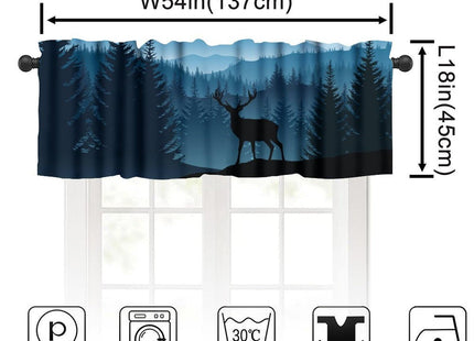 JanJCurt Misty Mountain Deer Valance Curtain, Rustic Retro Blue Foggy Forest Landscape Nature Woodland Wild Animal Deer Print Blackout Window Drape for Kitchen Bedroom, 54x18inch