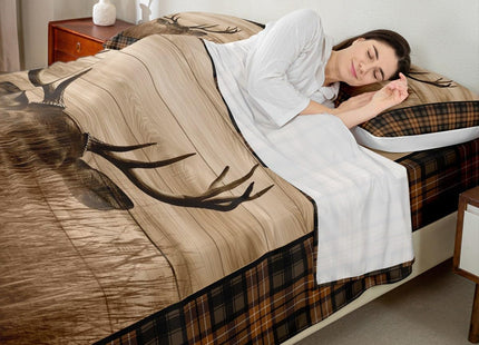 Castle Fairy Deer Antler Bed Sheet Set for Boys Girls,Rustic Farmhouse Wooden Board Barn Bed Sheet Set Full Size Bedding Set,Animal Retro Plaid Geometric Fitted Sheet and 1 Flat, 2 Pillow Sham