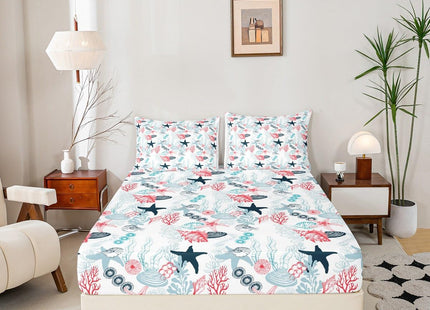 Ocean Beach Sheet Set Full Size,Seashell Conch Seahorse Starfish Coral Bed Sheet Sea Coastal Bedding Set for Kids Boys Girls Woman Room Decor Pink Blue White Fitted + Flat Sheet,2 Pillowcases