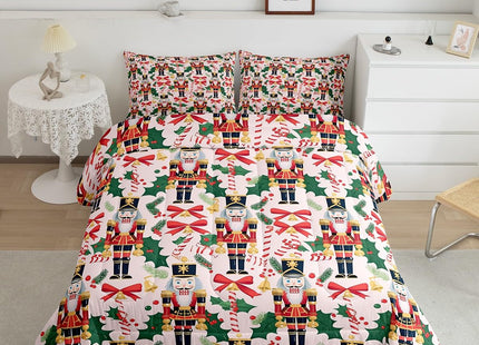 Feelyou Nutcracker Christmas Bow Comforter Set Toddler Size Royal Guarder Duvet Quilt for Kids Girls Xmas Pine Tree Leaves Bedding Set Pink White Soft Warm 1 Pillow Case