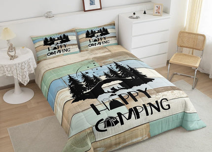 Erosebridal Kids Woodland Bear Bedding Set Happy Camping Camper Twin Comforter Set for Travel Trailers Rv Bunks Camper Quilt Set Rustic Farmhouse Barn Door Duvet Insert 1 Pillow Case Green Blue