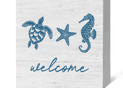 JRTW Welcome Rustic Summer Beach Wood Box Sign, 5x5 inches, Modern Starfish Theme, Tabletop Mount, Home & Office Decor