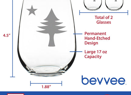 Bevvee Old Maine Flag Stemless Wine Glass for Mainers - 17 oz - Set of 2