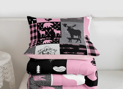Christmas Rustic Camping Bedding Set For Boys, Hunting Elk Deer Comforter Set Full Buffalo Plaid Patchwork Duvet Insert Lodge Woodland Farmhouse Quilt For Kids Teens Adult Bedroom, Pink Black Grey