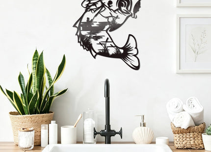 Bnesi Fishing Wall Decor, Black Metal Fish Wall Decor For Home Bathroom