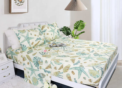 FADFAY Sheet Set Twin XL Beach Themed Bedding Sets 100% Cotton Super Soft Hypoallergenic Coastal Bedding White Teal Nautical Bedding with Deep Pocket Fitted Sheet 4-Pieces Twin Extra Long Size