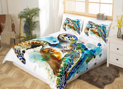 Erosebridal Sea Turtle Duvet Cover Twin Hand Painted Turtle Pattern on White Bedding Set Abstract Tortoise Comforter Cover Ocean Beach Themed 2 Piece with 1 Pillowcase for Children Teens Boys Girls