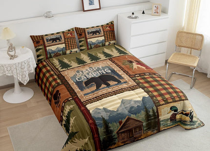 RV Camper Queen Comforter Set,Happy Camping Bedding Set for Teens Youth,Hunting Duck Bear Bedding Comforter Sets Rustic Plaid Woodland Adventure Duvet Insert with 2 Pillow Shams Bedroom Decor