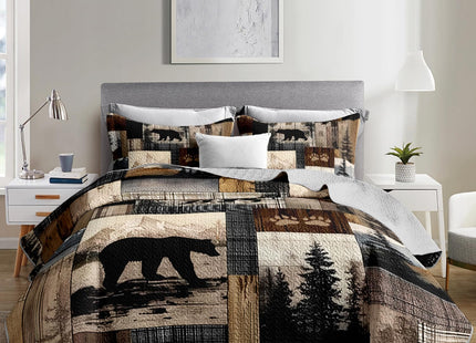 XYNHML Rustic Black Bear Quilts Bedding Twin 3Pcs Wildlife Bear Forest Pine Quilt Bed Set Retro Patchwork Grid Lightweight Bedspread Coverlet with 2 Pillowcases for Kid Boy Girl Teen Adult Bed Decor