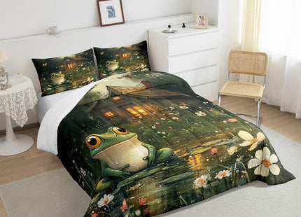 Manfei Lodge Frog Comforter Set,Rustic Cabin Jungle Wild Animal Starry Bedding Set for Kids Teens Bedroom,Nature Daisy Flowers Lake Lotus Leaves Quilt Set 2 Pcs with 1 Pillowcase,Twin