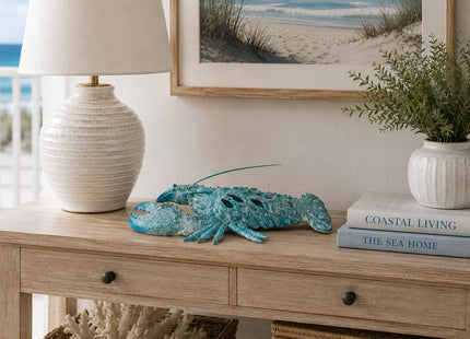 Teal Blue Coral Lobster Statue Figurine - Ocean Decor Beach House Accent - Coral Reef Coastal Nautical Tabletop Decor (12.25" x 8.25")