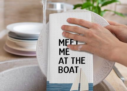 GWFSJYU Meet Me at the Boat Nautical Kitchen Towels, Beach House Decor, Beachy Sailboat Dish Tea Towels for Kitchen, Nautical Coastal Decorative Hand Towel for Bathroom Lake House, 16x24 Inch