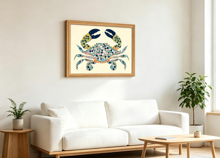 UAWRL Solid Wood Framed Watercolor Blue Coastal Crab Canvas Wall Art