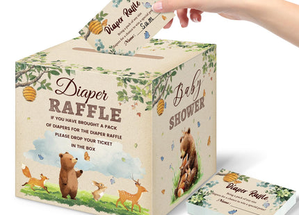 LANLISA Woodland Theme Baby Shower Games, Woodland Animals Diaper Raffle Card Box with Tickets for Baby Shower Party Decorations