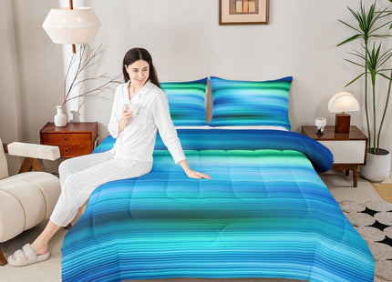 Erosebridal Abstract Art Bedding Set Full Green Blue Gradient Comforter Set for Girls Boys,Geometric Stripe Quilt Sets Surf Ocean Waves Duvet Set Dreaming Glowing Bed Set,Breathable Super Cozy 3-Piece