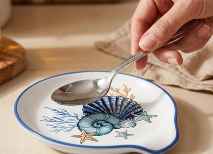 JarThenaAMCS 4.7inch Summer Spoon Rest Blue Seashell Coral Starfish Small Coffee Spoon Holder for Summer Ocean Beach Party Bar Coffee Station Accessories