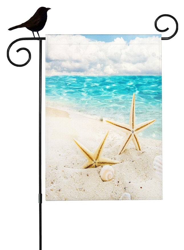 Mugod Summer Coastal Garden Flag 12.5x18 Inch, Beach Sand Starfish and Seashell Print, Double Sided Nautical Small Yard Flag, Burlap Outdoor Patio Lawn Porch Decor