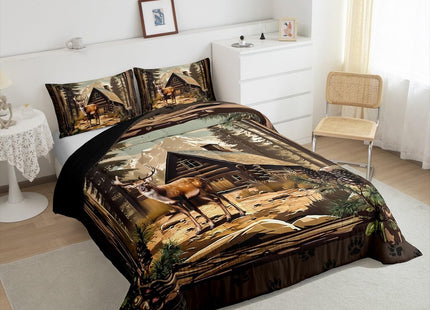 Erosebridal Retro Deer Comforter Set Lodge Cabin Country Bedding Sets Queen Rustic Farmhouse Wildlife Down Comforter for Kids Boys Adults Men,Woodland Hunting Animal Quilt Duvet 3 Pcs