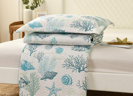 Oliven Reversible Coastal Beach Theme Quilt Set Queen/Full Size Ocean Coral Bedding Seaweed Bedspread Ocean Life Blue Green White Shell Starfish Coverlet Summer Lightweight Beach Daybed Sets