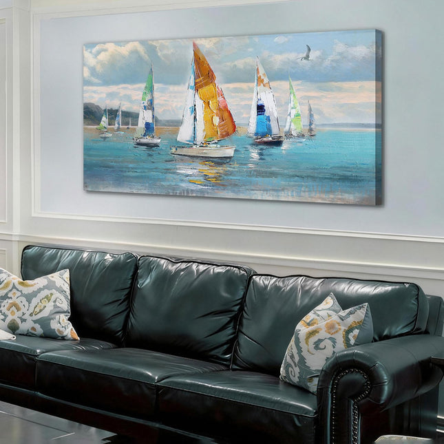 Ardemy Sailboat Wall Art Blue Abstract Canvas Art Nautical Textured Artwork Ocean Picture Wall Decor, Large Coastal Painting for Living Room Bedroom Home Office, 48"x24"