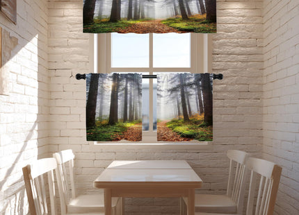 BaoNews Brown Nature Forest Blackout Kitchen Curtain, Green Fog Window Treatment Rod Pocket Light Filtering Bathroom Short Valance 2 Pack 52X18 Inches