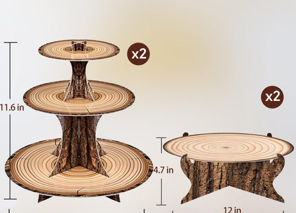 MTRSOCHO 4-Pack Woodland Cupcake Stand Woodland Baby Shower Decorations 3 Tier Wood Cupcake Stand for Camping, Birthday, Safari Party Supplies