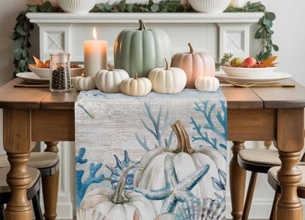 Boanket Blue Coastal Fall Table Runner - 36 Inch Long, Thanksgiving Pumpkins Kitchen Dining Table Runner Dresser Scarves, Starfish Coral Farmhouse Decor for Coffee Tables Wedding Party Banquet