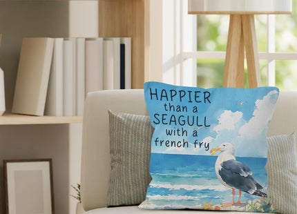 VRW Coastal Beach Seagull Throw Pillow Covers 18x18, Funny Happier Than a Seagull with a French Fry Decorative Pillow Covers for Home Bedroom, Ocean Beachy Room Decor Accent Pillows Cover Pillowcases