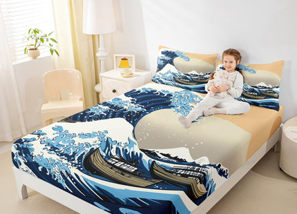 Erosebridal Japanese Style Fitted Sheet Twin for Boys Girls Ocean Wave Print Bedding Set Kids Women Ukiyo-e Theme Fitted Sheet Deep Pockets Soft Skin-Friendly Breathable Bed Sheet with 1 Pillowcase