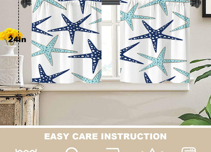 BaoNews Nautical Navy Blue Coastal Blackout Tier Curtains, Navy Blue Coastal Nautical Starfish Repeat Pattern Half Window Drapes for Kitchen with Rod Pocket,Room Darkening 2 Pack 26X24 Inches