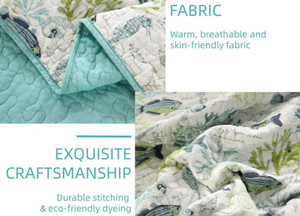 SUCSES King Size Quilt 3 Pieces Pre-Washed Cotton Coverlet Reversible All Season Lightweight Oversized Bedspread Summer Ocean Coral Print Quilt Bedding with 2 Pillow Shams