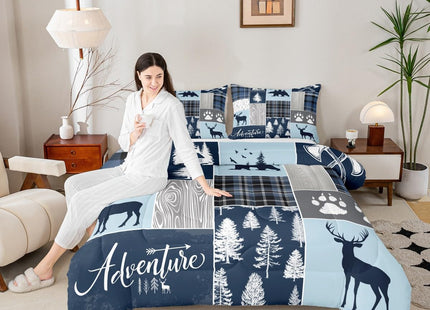 Hunting Bear Deer Quilt,Christmas Buffalo Plaid Comforter Set Twin Size Rustic Cabin Patchwork Duvet Sets For Kids Boys Teens Adult,Farmhouse Cowboy Woodland Bedding Set,1 Pillow Case,Blue Grey