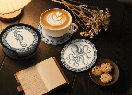 6 Pcs Nautical Ocean Drink Coasters with Holder Coasters for Drinks Coffee Table Home Decor Housewarming Gift