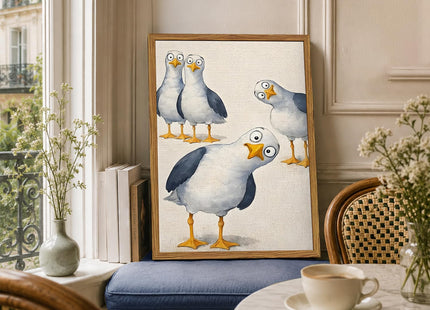 Framed Funny Seagull Bird Canvas Wall Art, Whimsical Nosy Coastal Birds Pictures Wall Decor, Cute Beach Animal Poster Prints Eclectic Home Decor for Living Room Bedroom Bathroom 12x16 inch