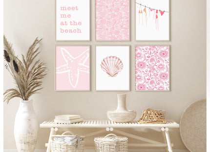 Pink Beach Wall Art Preppy Coastal Canvas Wall Decor Summer Aesthetic Pictures Girl Beachy Granddaughter Posters Ocean Shell Starfish Art Prints for Girl Room Bedroom 8x10 Inch Unframed Set of 6