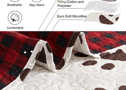 Lodge Quilt Set Queen Size Plaid Patchwork Rustic Cabin Bedding Moose Elk Quilt Blue Green Gingham Grid Bedspread Coverlet Soft Lightweight Reversible Quilts Winter Bed Cover Set with 2 Pillow Shams
