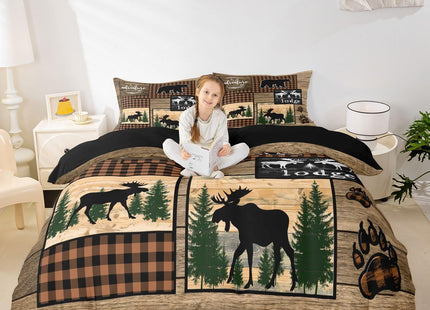 Erosebridal Retro Cabin Comforter Cover for Boys, Checkered Plaid Patchwork Duvet Cover King for Teens Adult Bedroom, Woodland Deer Bear Trees Bedding Set Country Farmhouse Moose Bed Cover, Brown