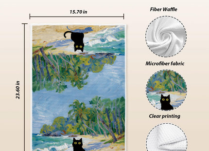 NEFMGEG Black Cat Kitchen Towels, Coastal Beach Black Cats Decor for Kitchen Bathroom Home, Cute Hand Towels Dish Towels, Waffle Weave Microfiber,16×24 Inches
