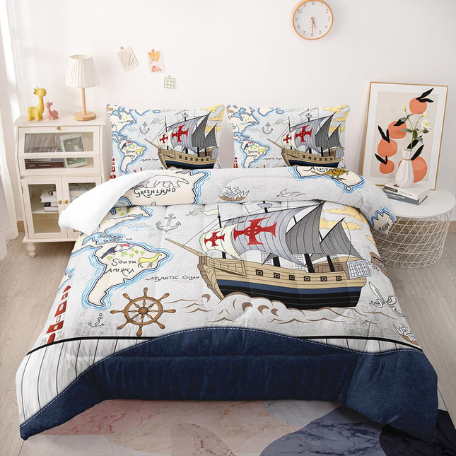 Blue Ocean Nautical Comforter Set Twin Vintage Pirate, 2 Pillowcases