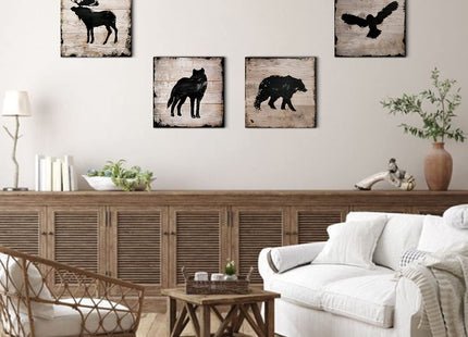 Rustic Animals Silhouette Cabin Wall Decor Wildlife Wall Art Woodland Nursery Bear Pictures for Living Room Farmhouse Moose Wolf Eagle Deer Poster Canvas Artwork Bedroom Lodge Home Decoration 12x12 4P