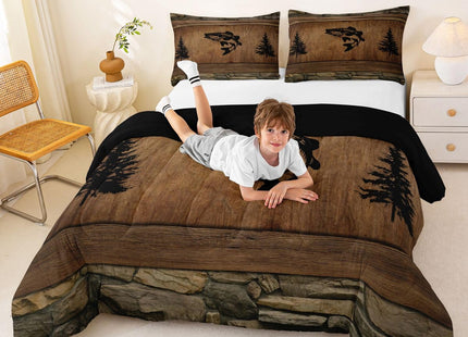 Manfei Pike Fish Comforter Set Toddler Size,Rustic Farmhouse Brown Wooden Bedding Set 2pcs,Fishing and Hunting Down Comforter for All Season,Kids Boys Girls Room Decor,1 Pillowcase,No Sheets