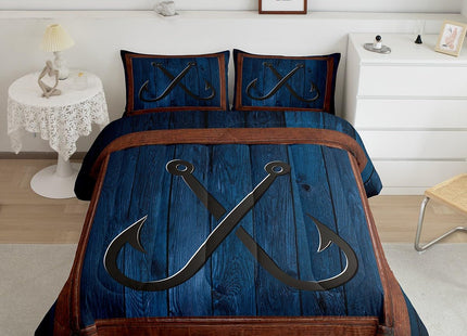 Anchor Nautical Kids Comforter Set Twin Size,Fish Hook Lake House Fishing Theme Bedding Set,Girls Boys Adults Room Decor,Wooden Plank Camper Down Comforter,Blue Rustic Duvet Insert,1 Pillowcase
