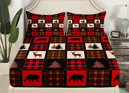 Erosebridal Rustic Deer Bed Sheets for Kids Teens Adult,Deer Patchwork Sheet Set Twin,Retro Burgurdy Buffalo Plaid Check Bedding Set,Hungting Animal Wildlife Fitted Sheet + Flat Sheet + 1 Pillowcase