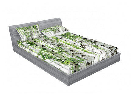 Ambesonne Woodland Fitted Sheet & Pillow Sham Set, Birch Trees in The Forest Summertime Wildlife Nature Outdoors Themed Picture, Decorative Printed 6 Piece Bedding Decor Set, Queen, White Grey Green