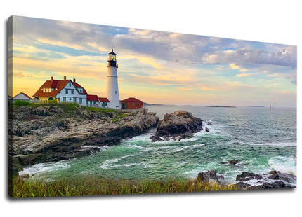 tigeridge Portland Head Light Wall Art Sunset Lighthouse Canvas Wall Art for Living Room Ocean Canvas Pictures Seascape Artwork Canvas Prints Office Home Wall Decor Framed Ready to Hang 20" x 40"